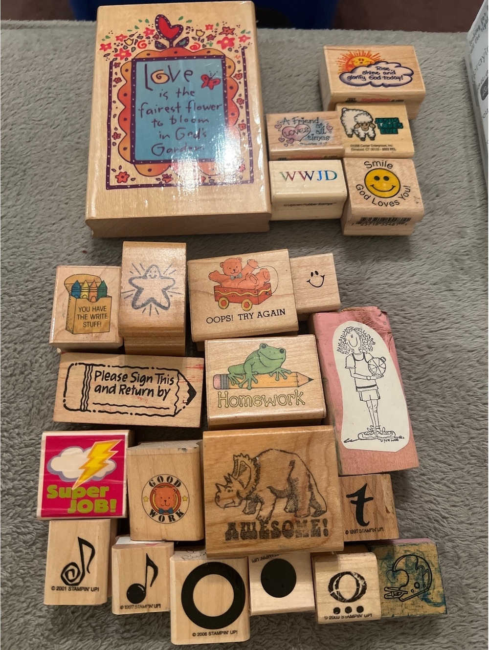 Religious School lot Wood Mounted Rubber Stamp Set with Storage Box